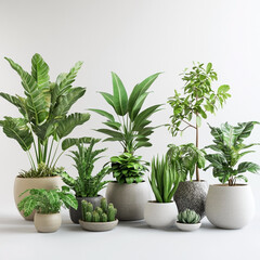 Obraz premium Collection of various green potted houseplants on a white background potted plants