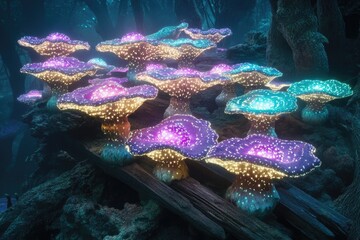 Glowing bioluminescent mushrooms illuminate a dark underwater forest scene.
