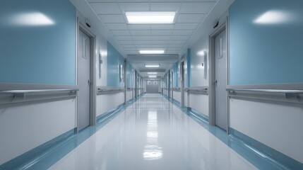 Hospital Corridor Perspective with Blue Walls, Doors, and Bright Lighting for Medical or Healthcare Advertising