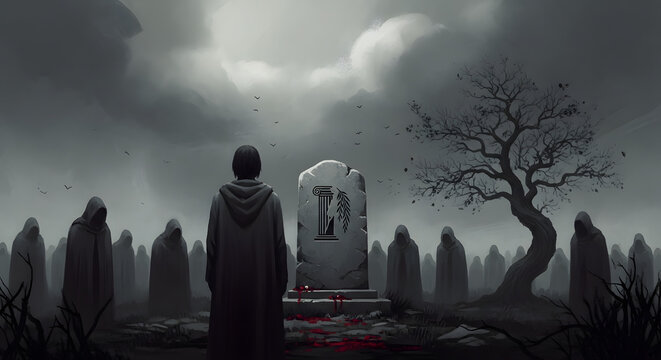 Hooded figures mourn at a tombstone in a desolate graveyard symbolizing the death of an ideal