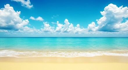 Fototapeta premium Breathtaking Tropical Oceanfront Retreat with Pristine Golden Sand and Tranquil Azure Waters under a Clear Sky