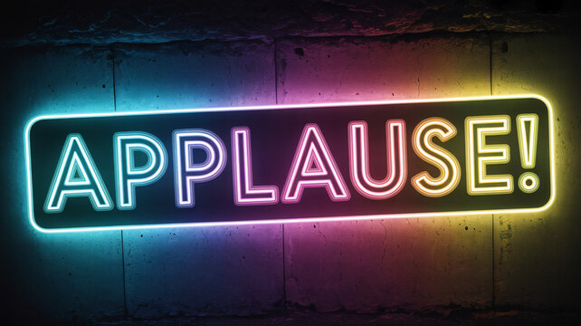 Neon wall sign glowing with gradient colors, text "APPLAUSE!"
 - Powered by Adobe