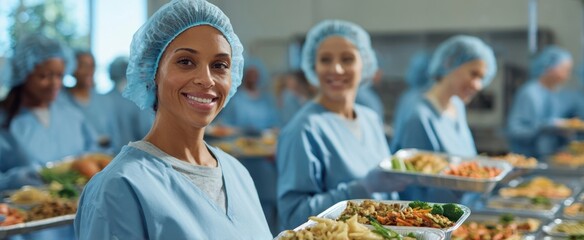 The dedicated team serving nutritious meals in a healthcare kitchen setting.