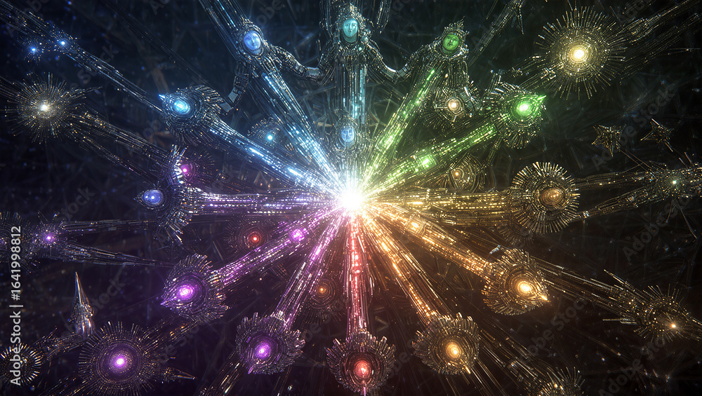 Poster cosmic burst of colors and light floating through a virtual universe