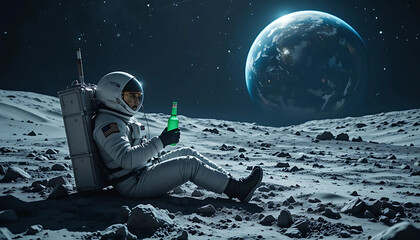 Obraz premium Relaxing Astronaut on Moon, Drinking Green Soda, beer with Earth View, Space Exploration, Sci-Fi Concept, Great for Advertisements, Blogs, and Presentations