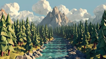 Low-Poly Landscape with River, Pine Forest, and Jagged Mountains Under Cloudy Sky
- Powered by Adobe