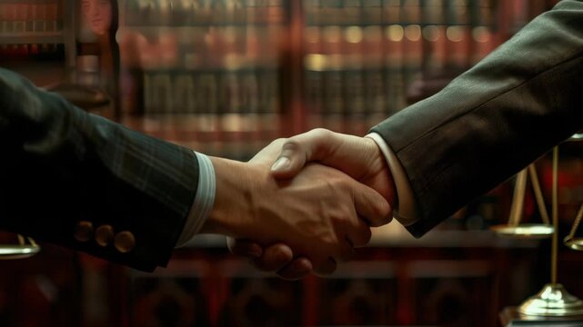 A close-up captures a handshake against a backdrop of bookshelves, symbolizing agreement or partnership. The image is set in an environment with classic design elements.