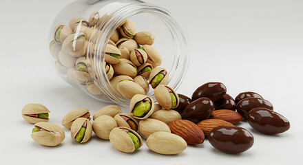 Pistachios and chocolate almonds spilling from a glass bowl isolated on white