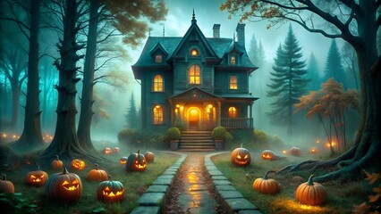A spooky haunted house in a dark, misty forest, illuminated by glowing jackolanterns on halloween night