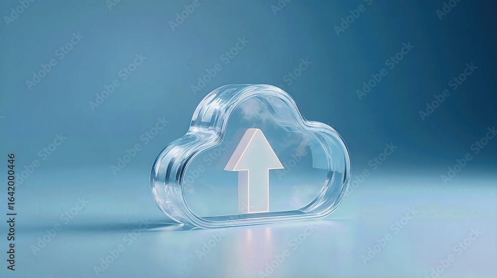 Poster clear cloud icon with an upward arrow in the center represents online data transfer and storage tech