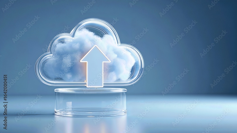 Poster clear cloud icon with an upward arrow in the center represents online data transfer and storage tech