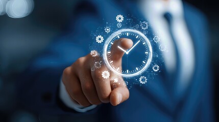 A modern businessman in a blue suit interacts with digital clock and gear icons, symbolizing time management and innovation.
