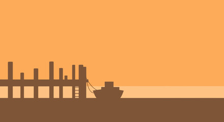 Vector illustration of a ship docked at a pier during sunset  
