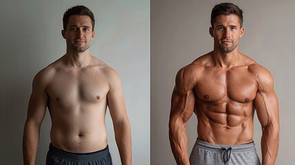 A visual transformation of a man’s physique highlights fat reduction and increased muscle definition in a before-and-after format.
