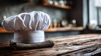 A classic white chef’s hat rests on a rustic wooden countertop, symbolizing culinary arts and professionalism.
