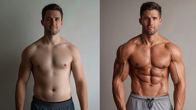 A visual transformation of a man’s physique highlights fat reduction and increased muscle definition in a before-and-after format.
