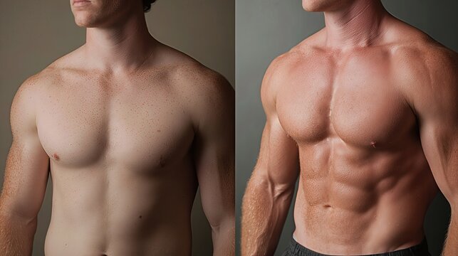 A visual transformation of a man&rsquo;s physique highlights fat reduction and increased muscle definition in a before-and-after format.
