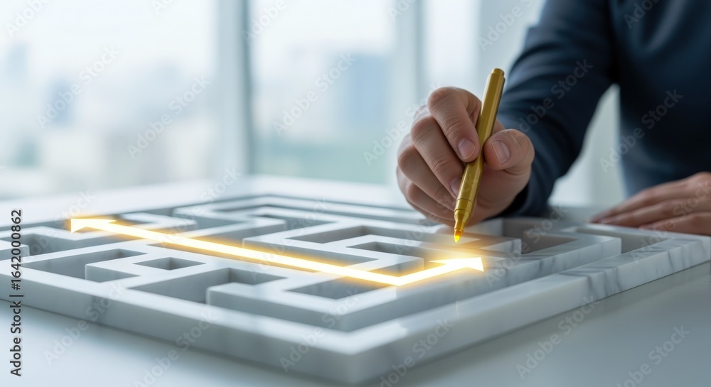Poster solving a maze: hand guiding a path through a labyrinth with pen, symbolizing strategy and solutions