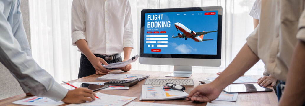Fototapeta Online flight booking website provide brisk reservation system . Travel technology concept .