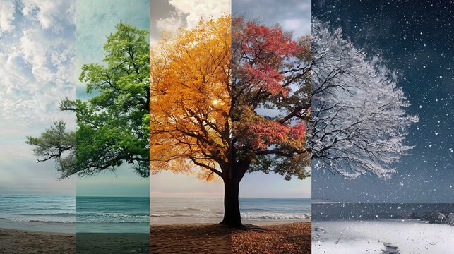 A single tree displays all four seasons, showing blossoms of spring, lush summer leaves, autumn colors, and bare winter branches.
