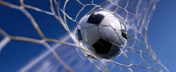 The soccer ball mid-flight in the goal's net under a clear blue sky.
