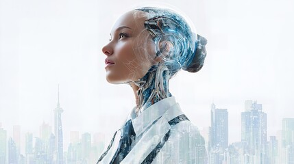 A professional woman enhanced with cybernetic technology engages with futuristic digital displays in a city skyline setting.
