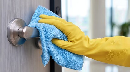 Close-up of a person wearing a yellow glove cleaning a door handle with a blue microfiber cloth in a bright modern interior.
