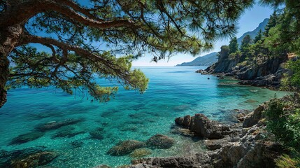 Naklejka premium Turquoise water shimmers under pine branches along a rocky coastline during a calm, bright day. 