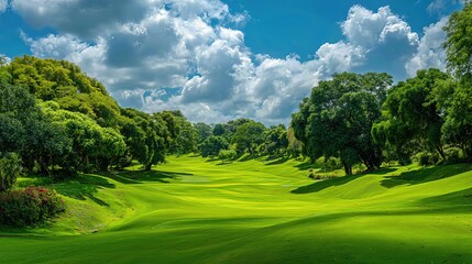 Fototapeta premium An expansive golf course with lush green grass is surrounded by trees beneath a bright blue sky with white clouds. 