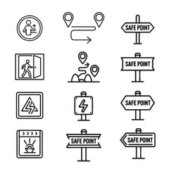 Minimalist map icon set featuring evacuation routes and safe points for emergency safety concept. Flat design, clean lines, scalable vector graphic, pixel perfect