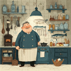 vector illustration of a cook in a restaurant kitchen cooking . print for design. kind and cheerful cook