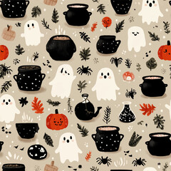 seamless pattern with pumpkins, spiders, webs, potion, cauldron, vector illustration for Halloween. suitable for printing on fabric and paper. holiday decor