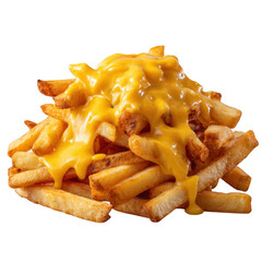 Deliciously cheesy french fries topped with melted cheddar cheese isolated on transparent background