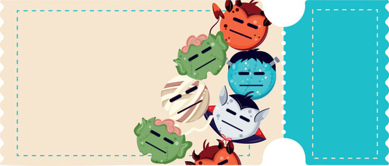 Halloween tear-off coupon template with Halloween emoticons with serious facial expressions, for holiday discounts or promotions