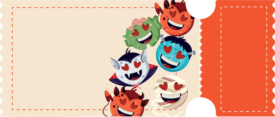 Halloween tear-off coupon template with Halloween emoticons in love with hearts, for holiday discounts or promotions