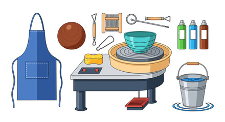 Obraz premium Illustration of a pottery wheel with an apron, clay, tools, and bucket of water in a studio setup