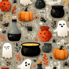 seamless pattern with pumpkins, spiders, webs, potion, cauldron, vector illustration for Halloween. suitable for printing on fabric and paper. holiday decor