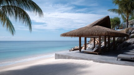 Beachside Gazebo with Relaxing Loungers on White Sand Beach.