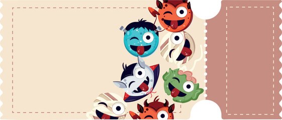 Halloween tear-off coupon template with Halloween emoticons with silly facial expressions, for holiday discounts or promotions