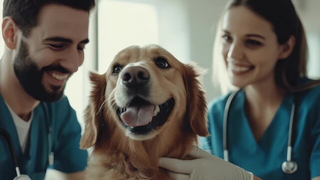 A cheerful golden retriever is being examined by two smiling veterinarians in a bright clinic. The vets offer a gentle touch, ensuring a positive checkup experience for the happy pet.