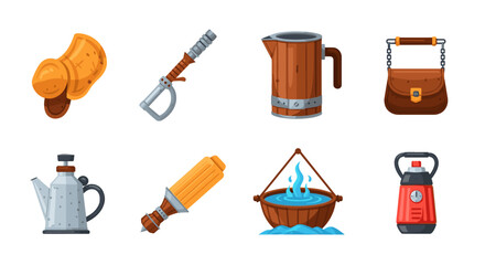Illustration of various camping and survival gear including cooking and protection items displayed