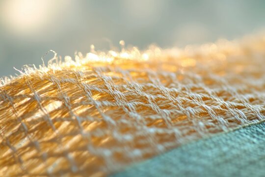 Close-up of a woven fabric texture illuminated by sunlight, showcasing intricate details and fibers.