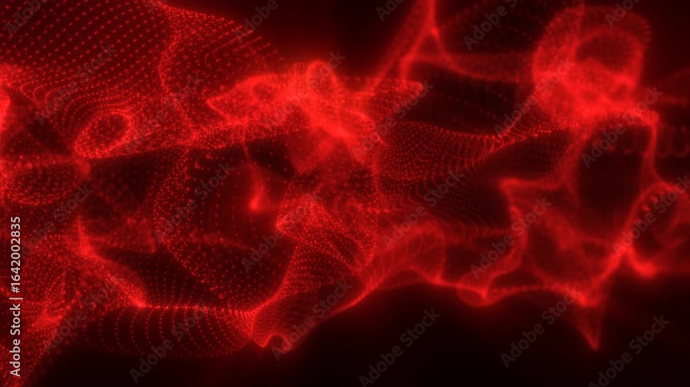 Poster bright red particles create an energetic digital flow, forming a vivid mesh of dynamic motion and gl