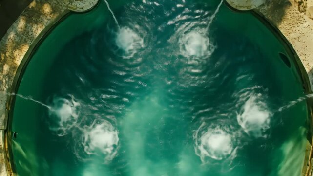 Aerial view of round fountain pool with water features in a garden.