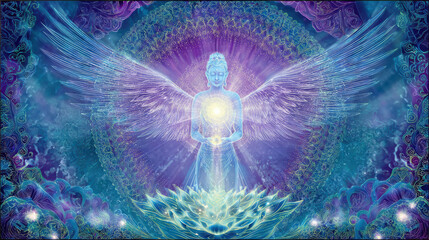Radiating divine light, angelic figure standing in lotus bloom, holding energy sphere, embodying peace, healing, and spiritual awakening, surrounded by vibrant cosmic mandala. Purple, glowing blue.