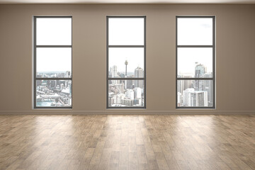 Fototapeta premium Modern empty room with windows in floor and city view 3D Render