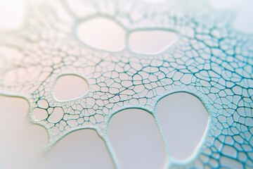 Close-up of a delicate, teal-colored network with irregular holes, resembling a leaf's intricate structure.