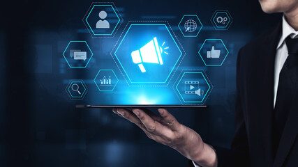 Digital marketing promotion strategy using megaphone, social media marketing, digital ads video content, communication, analytics, and global branding advertisement for business outreach Vouch