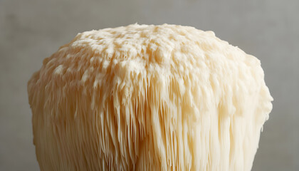 Detailed studio shot of a fresh Lion's Mane mushroom against grey background