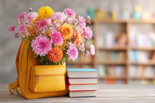 A bouquet of autumn flowers in a school backpack, textbooks nearby, against the background of a school classroom, knowledge day, new school year